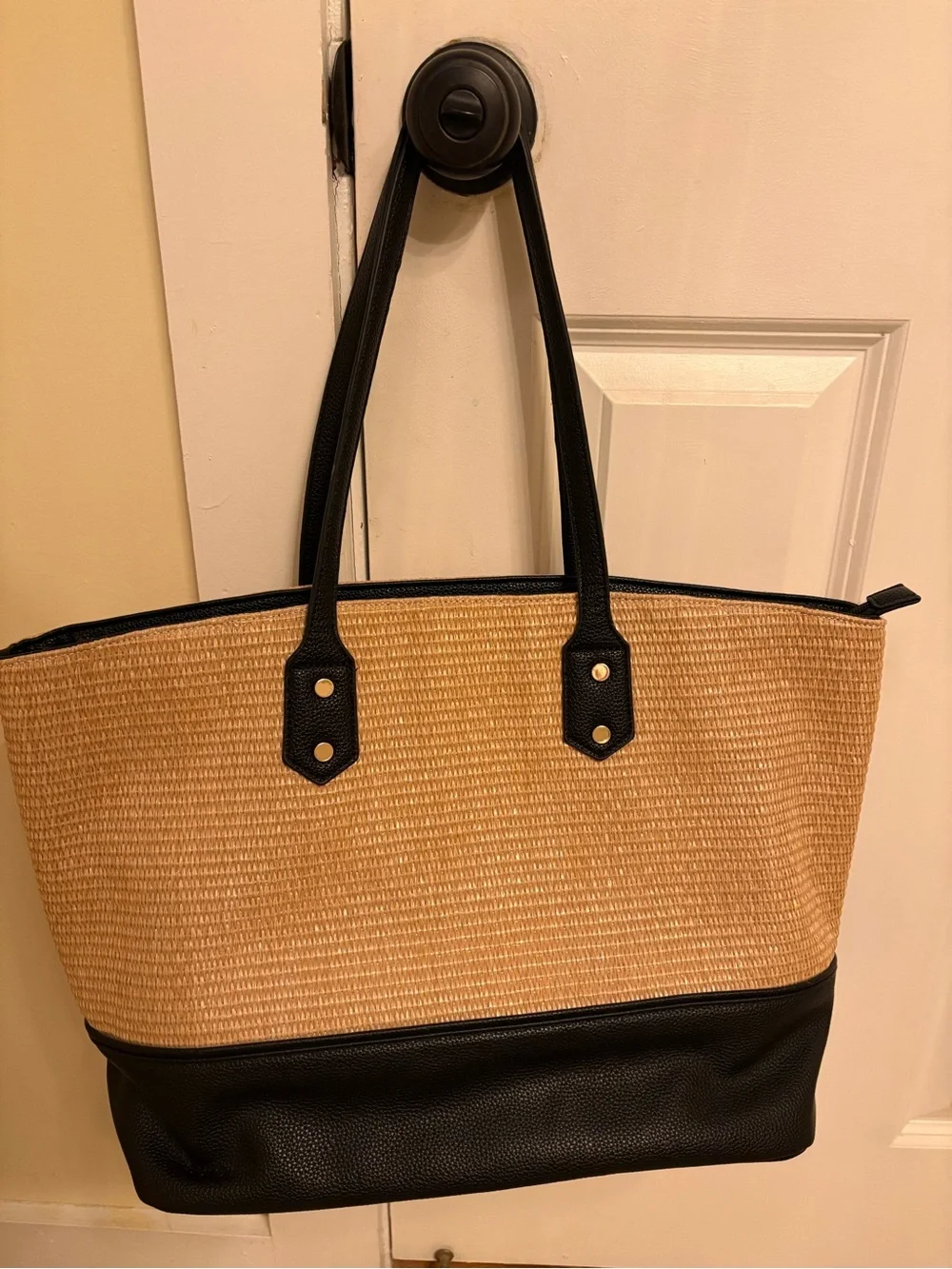 Woven Straw Tote Bag with Black Trim